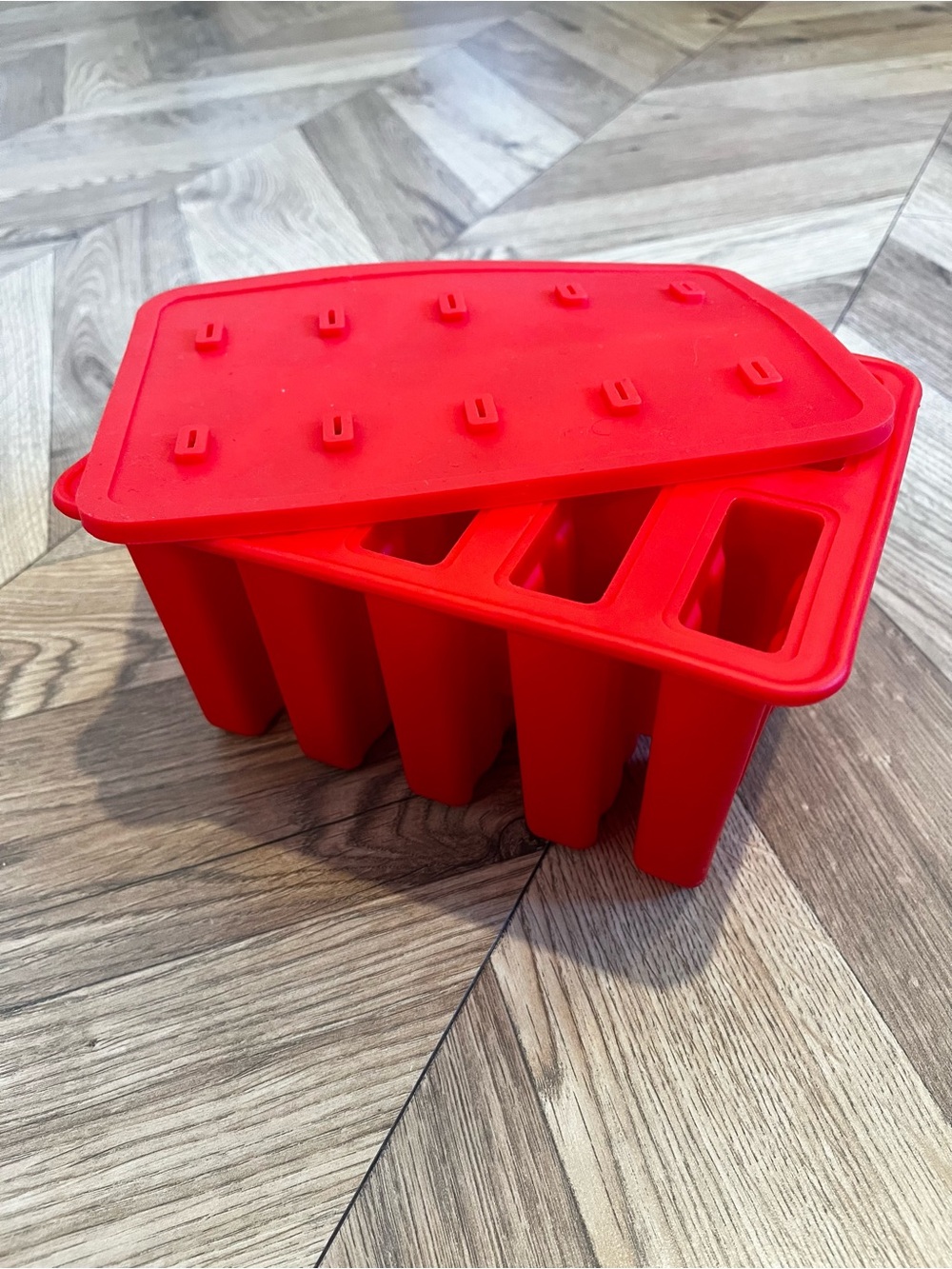 Red Silicone Popsicle Mold with Lid and Accessories